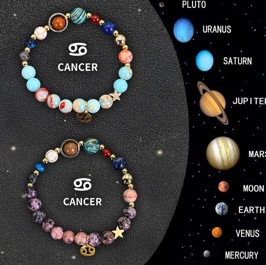 Set of twelve natural stone beaded bracelets, each showing a different zodiac sign design on an elastic cord.
