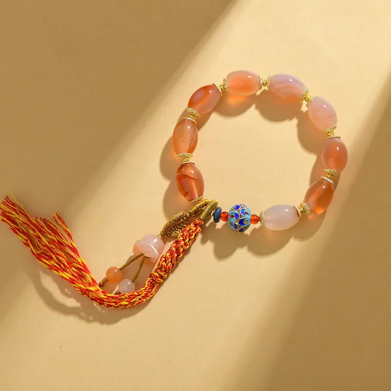 Vintage ethnic style jade agate Tibetan bracelet with floral and geometric shapes