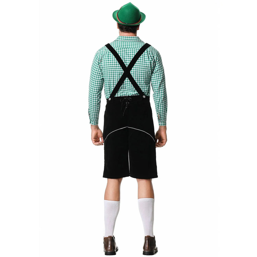 Men's plaid suspenders suit set in black with hat, top, camisole, and pants, polyester fabric, embroidery details