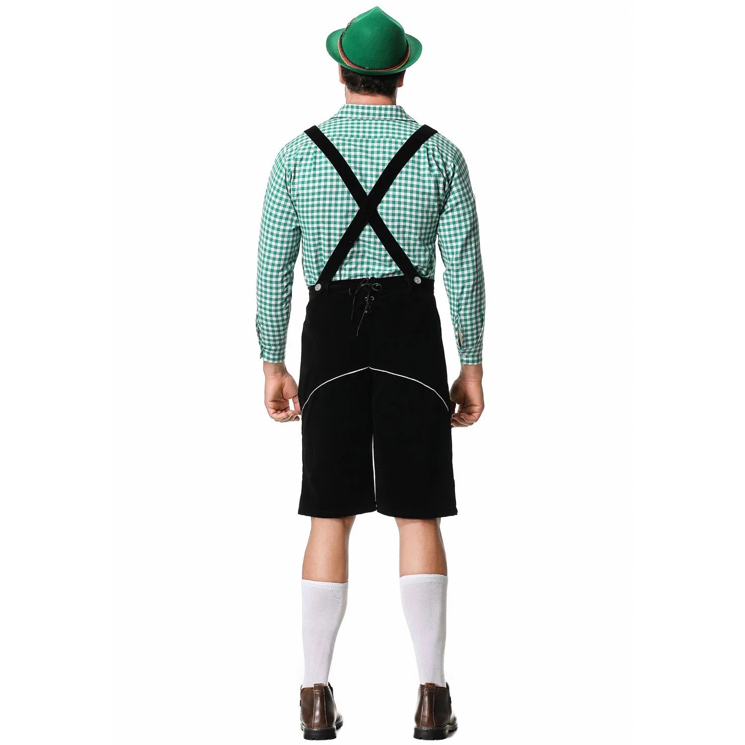 Men's plaid suspenders suit set in black with hat, top, camisole, and pants, polyester fabric, embroidery details