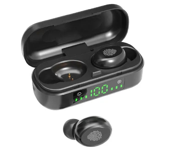 Black sports wireless Bluetooth headset with V8 earphone shell design showing earplug wearing type