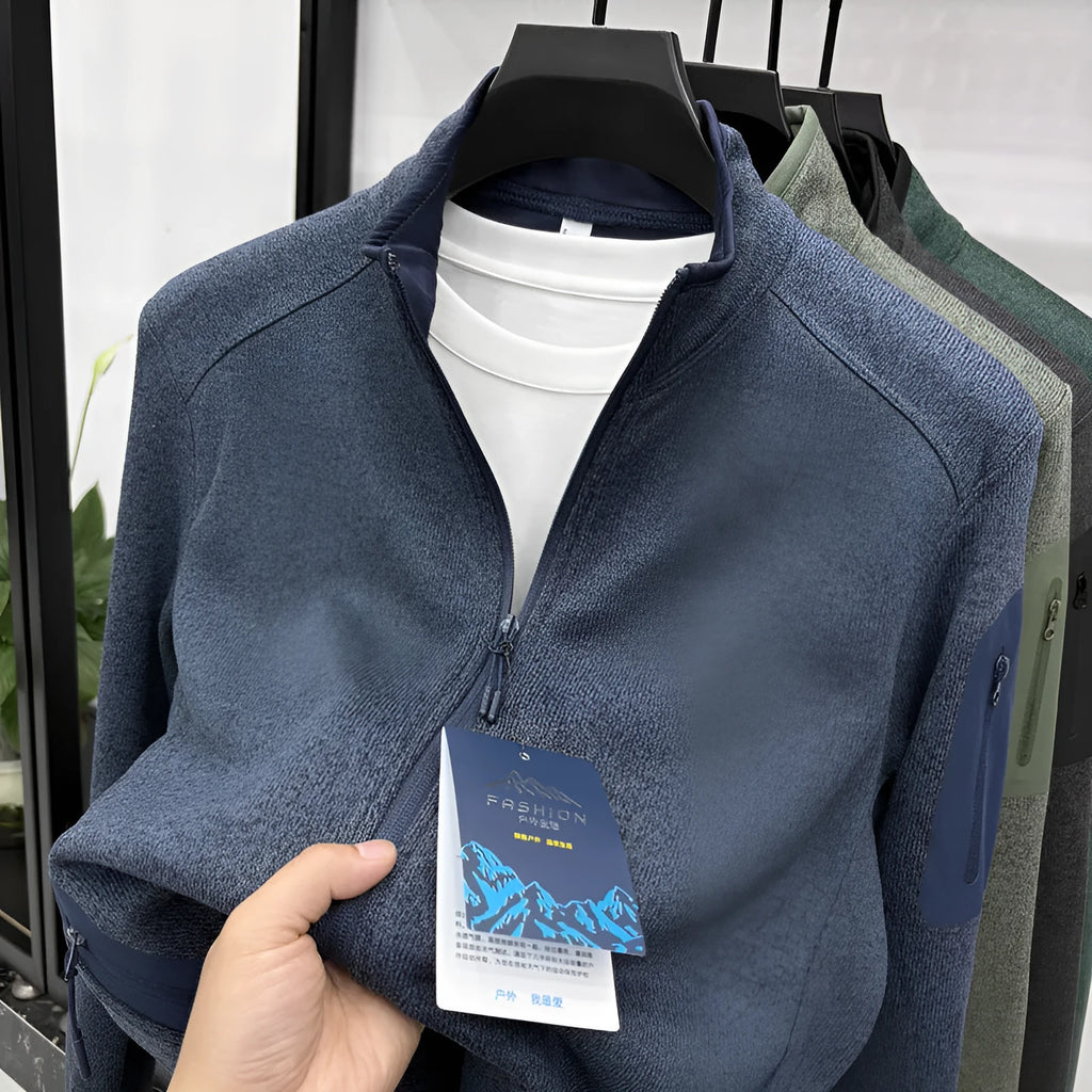 Men's solid colour stand collar knitwear jacket in polyester fibre, loose fit cardigan, available in multiple colours including Night Shadow Blue and Fog Dark Green.