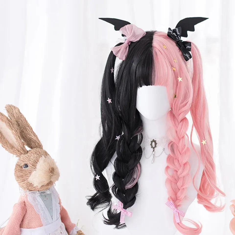 Black pink Harajuku Japanese Lolita wig with long curly hair and full fringe for cosplay