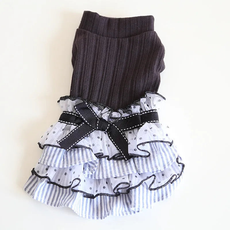 Polka dot lace princess dress for a small dog or cat in charcoal black colour.