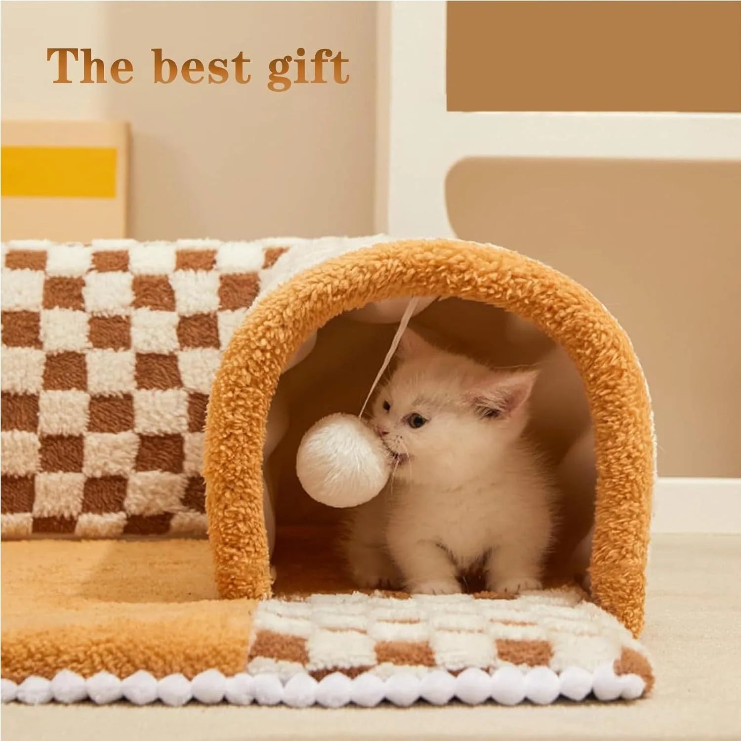 Brown plaid cat tunnel bed with central mat showing collapsible tunnel design