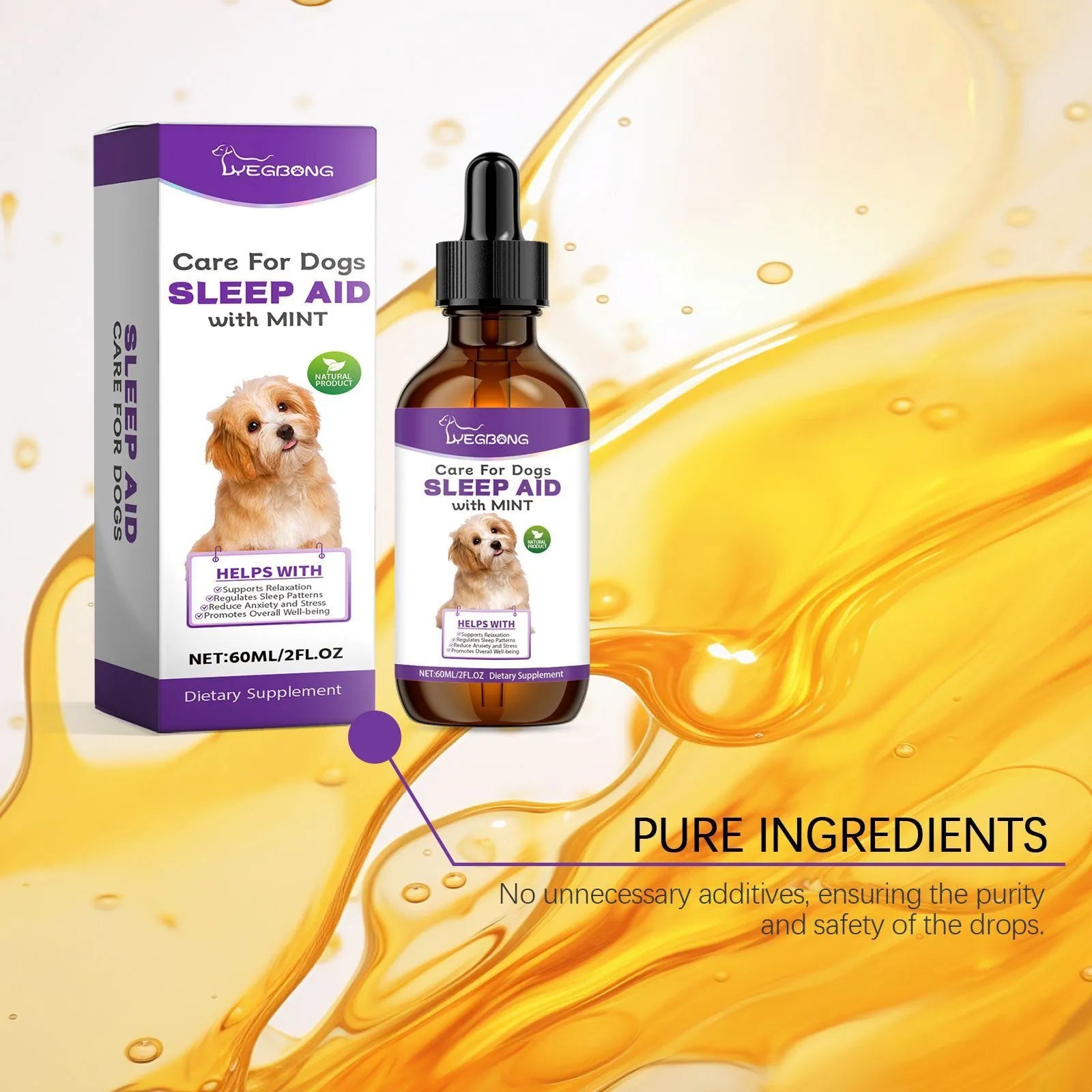 60ml bottle of dog sleep drops with mint extract for canine relaxation support