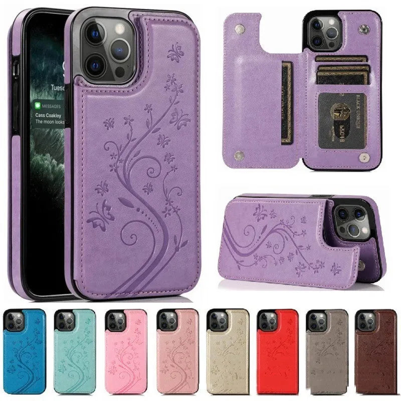 Butterfly embossed leather phone case, rear cover style, available in light purple, mint green, pink, and other colours.