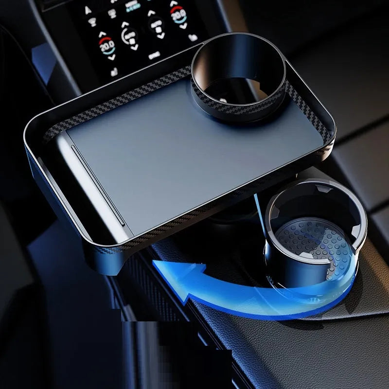Black ABS plastic car-mounted rotating dinner tray holder showing 360-degree rotation function