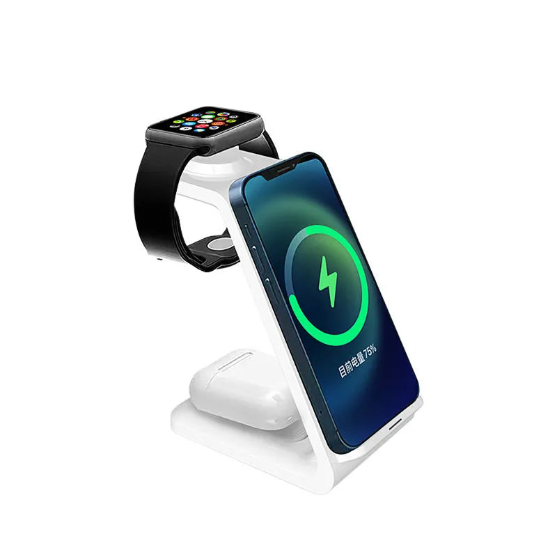 White upright wireless charging stand holding a mobile phone in landscape orientation.
