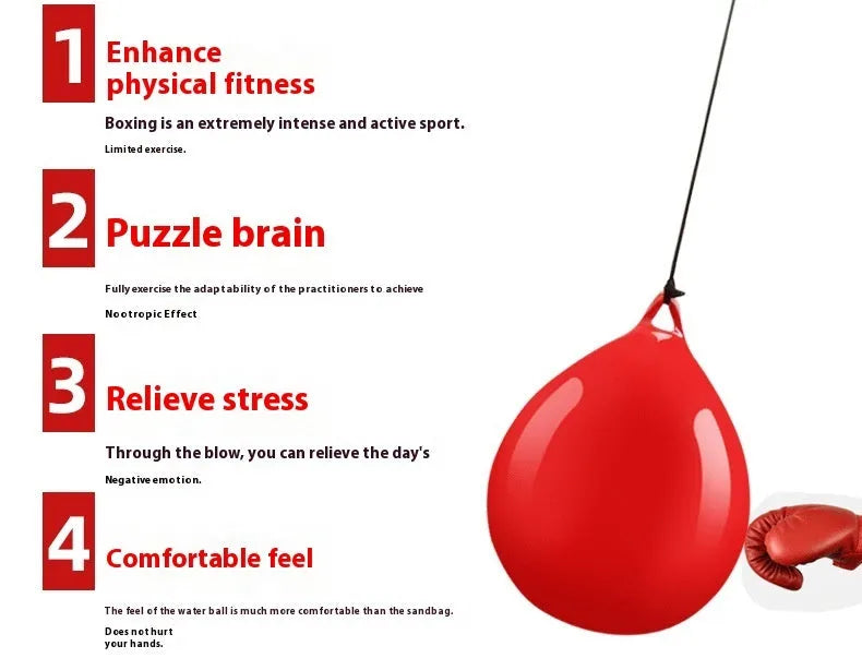 Red water-filled PVC boxing reaction ball with hook rope attachment for martial arts training