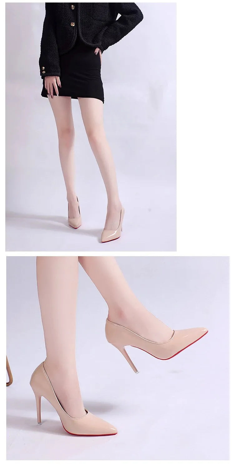 Women's black stiletto heel pumps with pointed toe and shallow mouth design