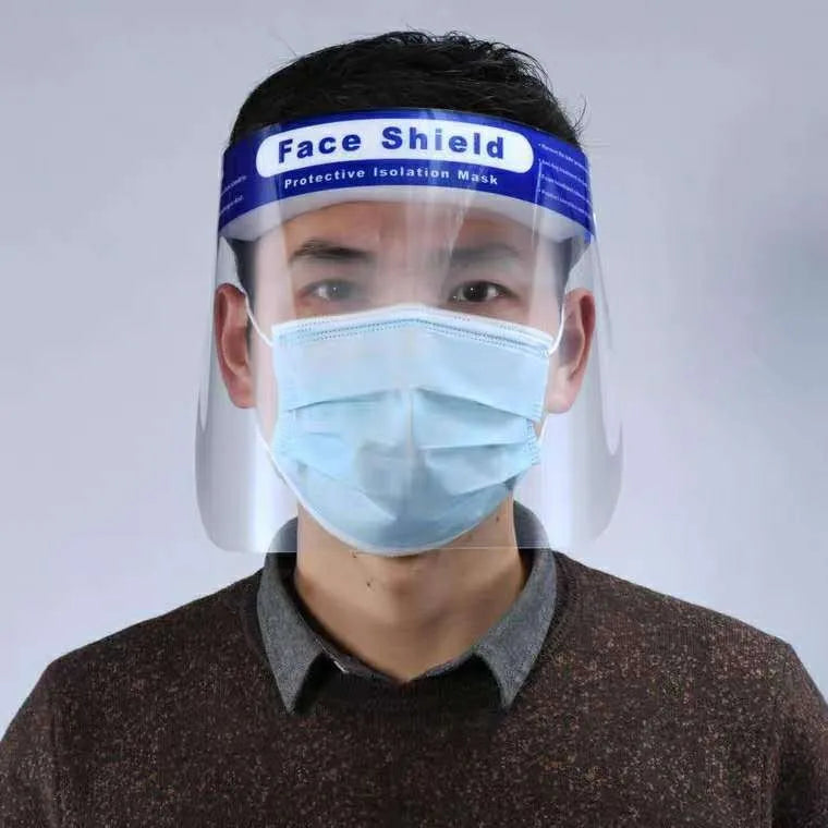 Blue PET anti-splash protective mask, head-on style, for droplet self-protection, available in 5pcs or 100pcs packs.