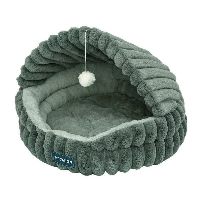 Large round cloth cat nest bed in pink with shell design, 50cm diameter