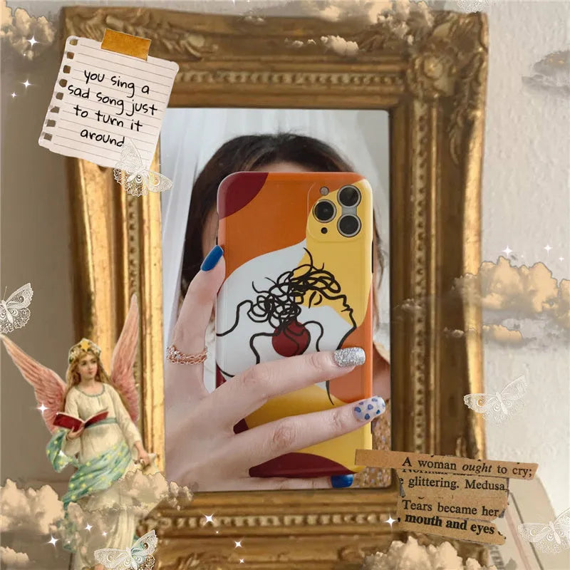 Orange yellow iPhone case with cartoon line painting design for Apple iPhone models