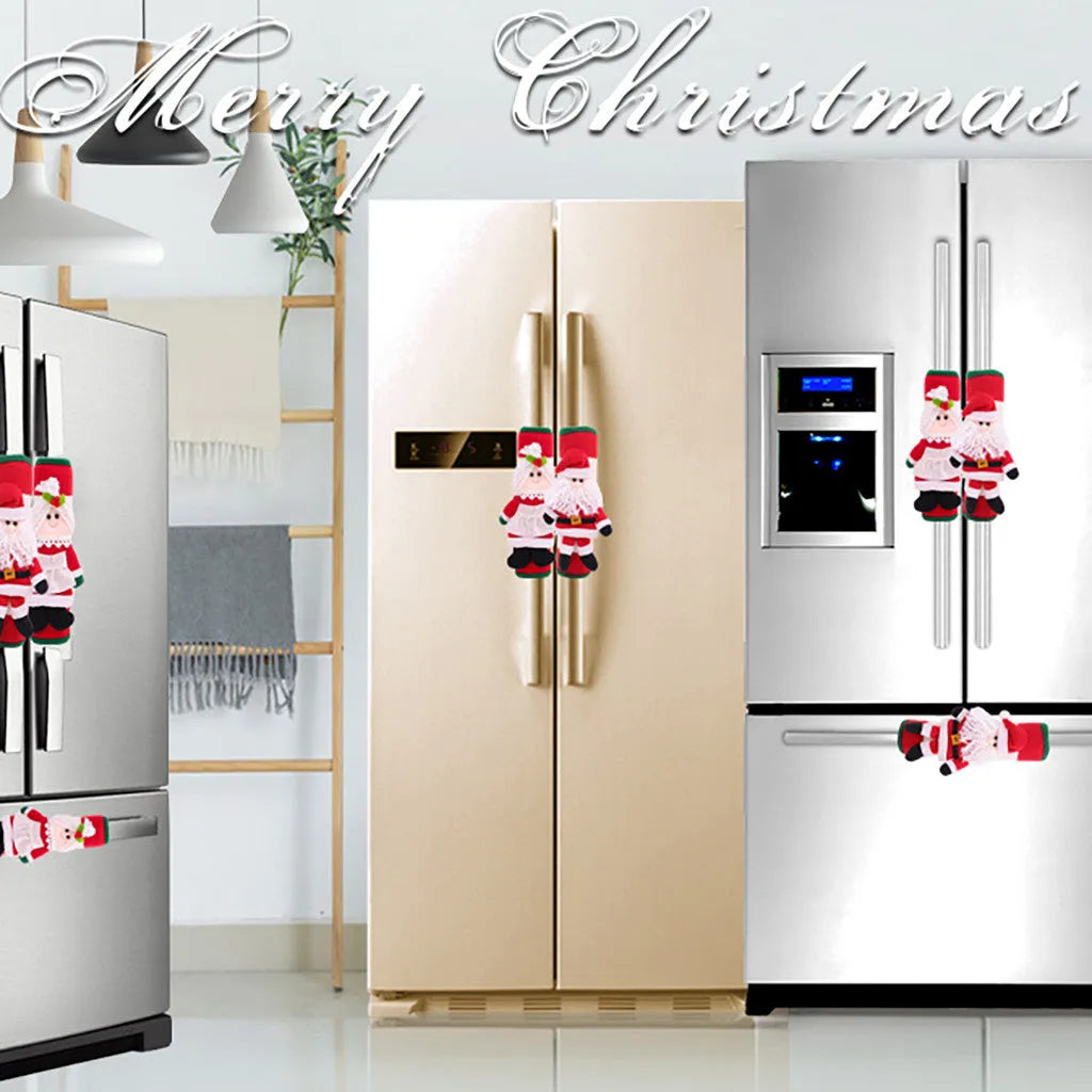 Red cloth Christmas refrigerator glove decoration, two refrigerator sets, 23x15cm, festive fridge accessory.