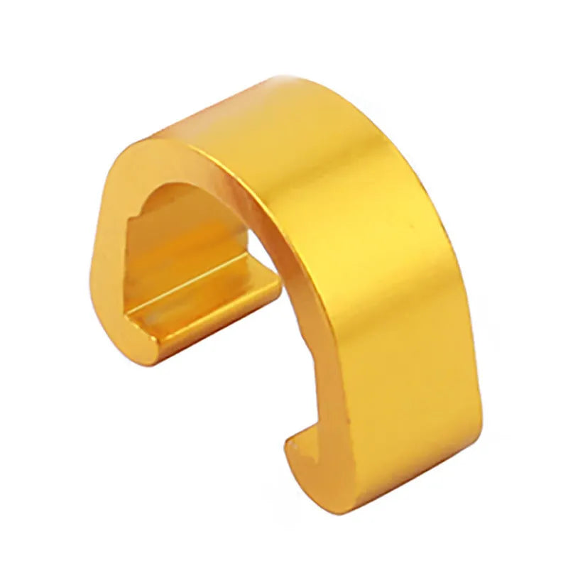 Set of ten small aluminium alloy C-shaped buckles in assorted colours on a white background.