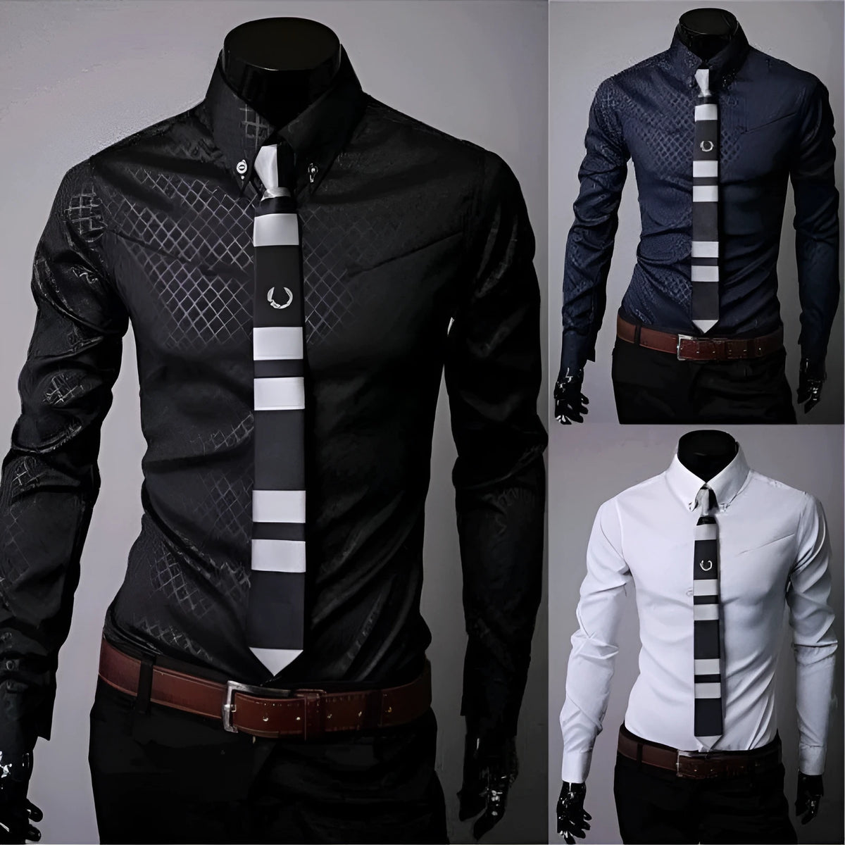 Men's designer plaid stripes fitted long sleeve shirt in blue with classic square collar