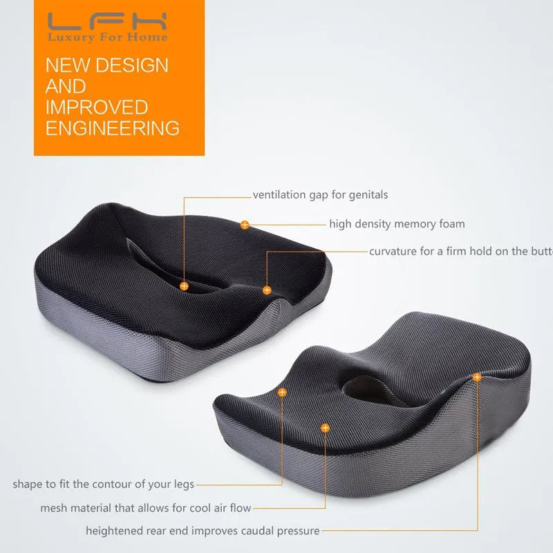 Black and gray coccyx memory foam seat cushion 45x38x13cm on a chair