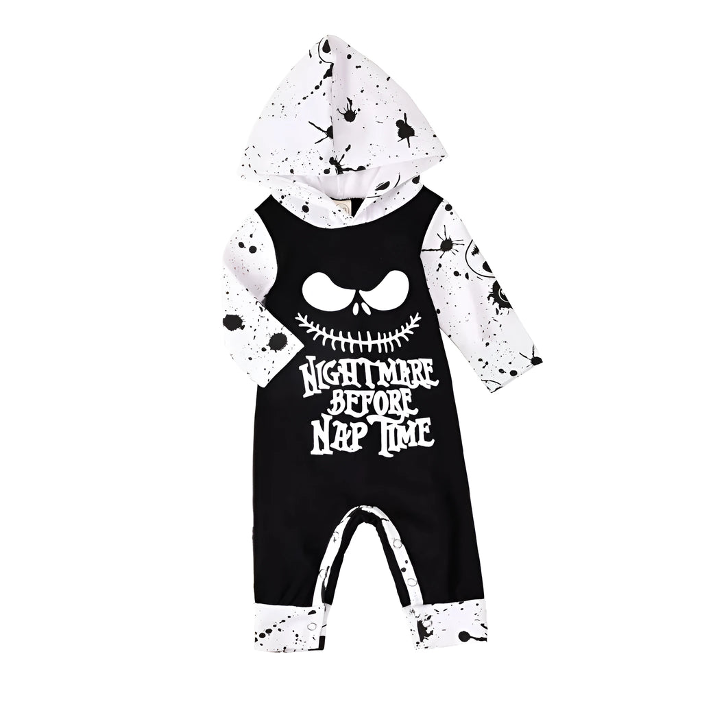 A black or brown cotton Halloween romper for children with long sleeves and a hood.