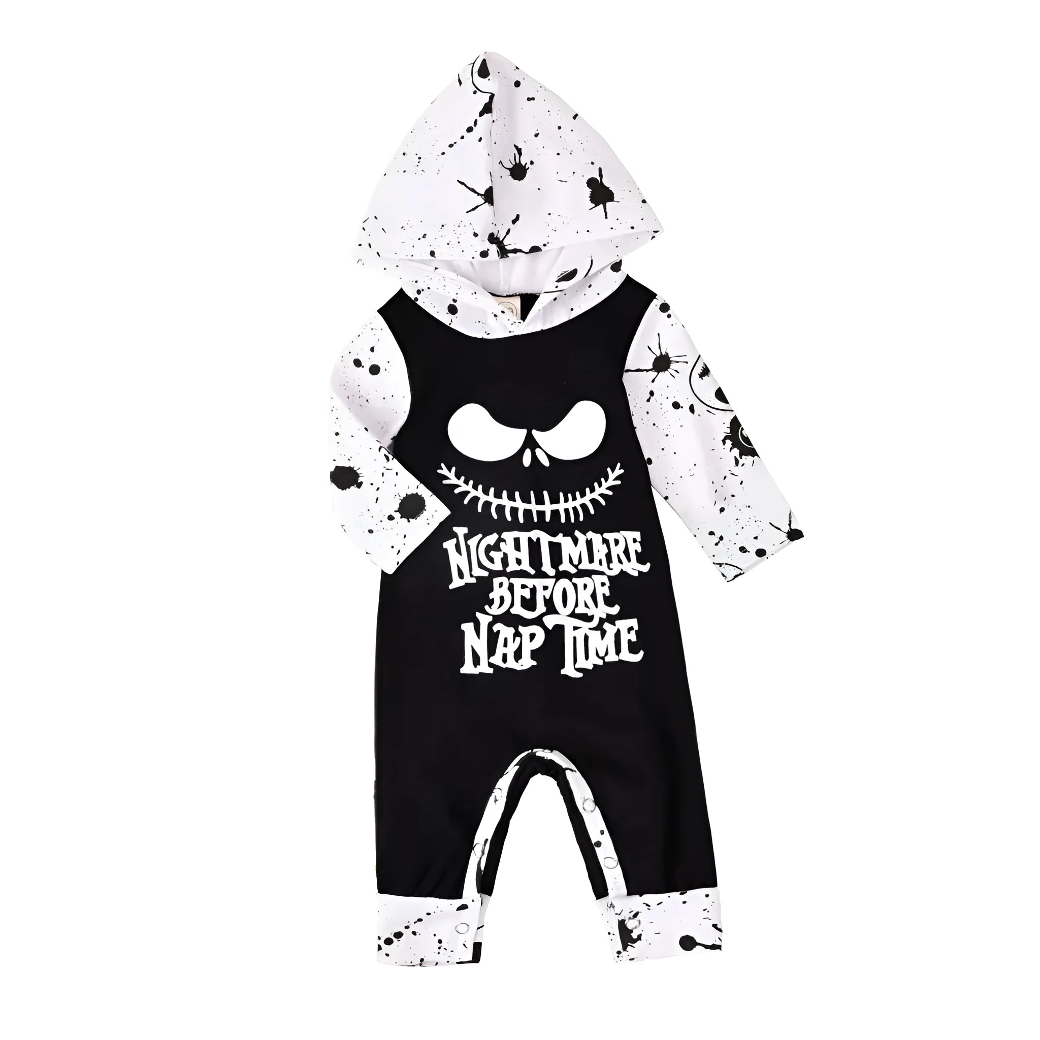 A black or brown cotton Halloween romper for children with long sleeves and a hood.