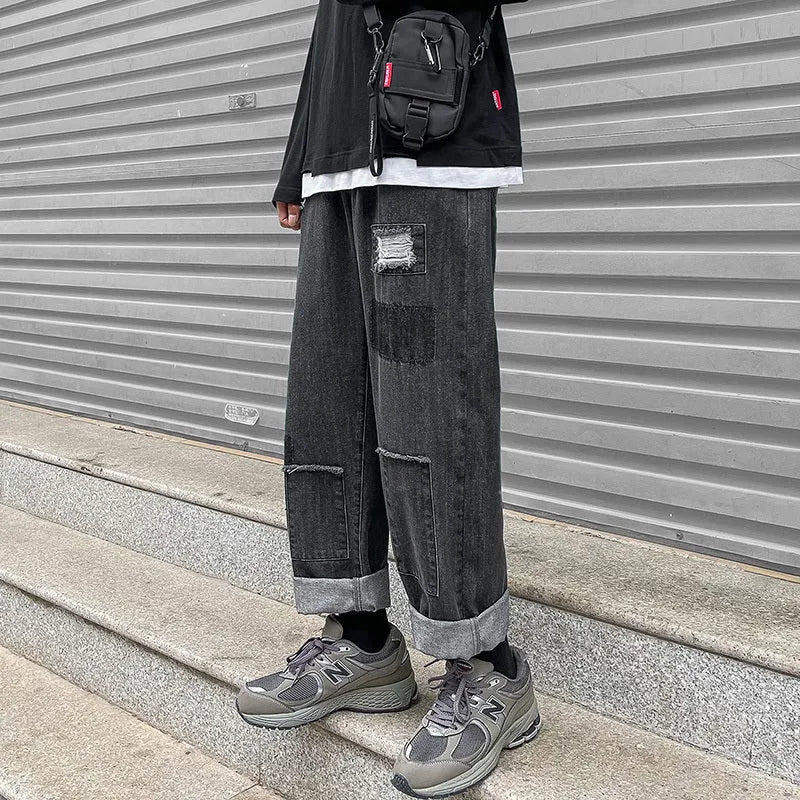 Men's loose straight leg ripped jeans in blue denim, high street style, micro-elastic fabric