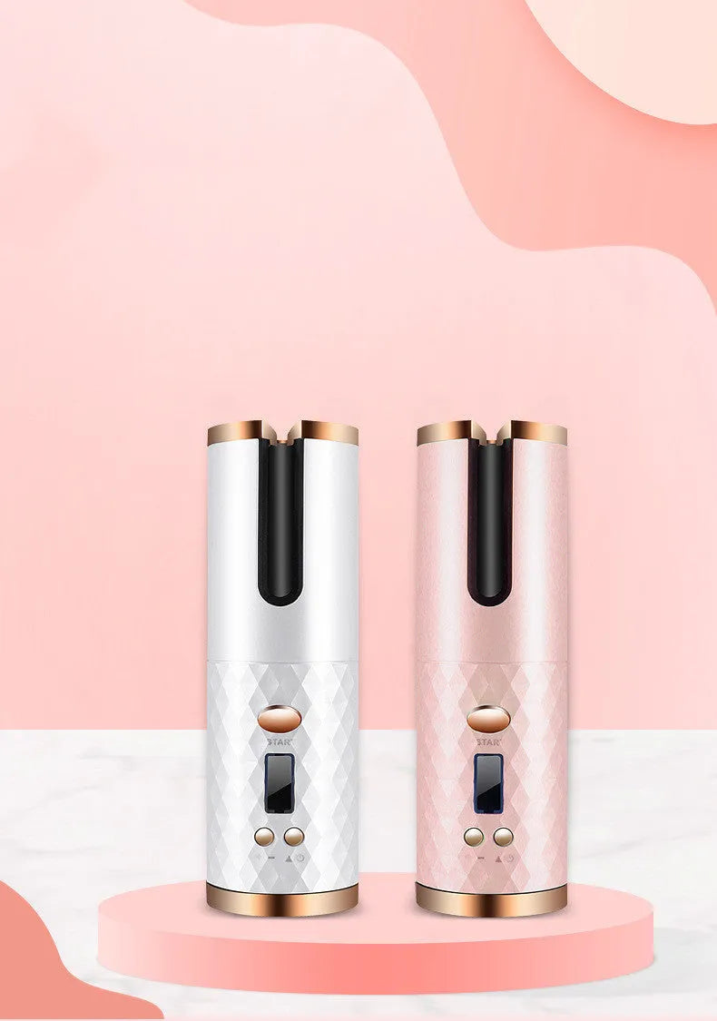 Rechargeable automatic hair curler with LCD display in black, pink, pinkgrey or white colour