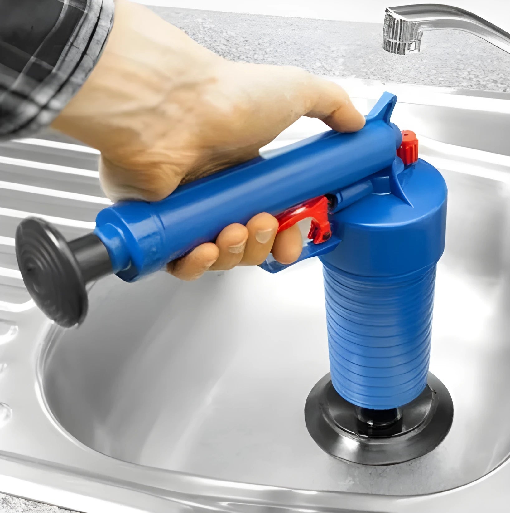 Plastic high-pressure drain blaster gun with four rubber suction cup adaptors for unclogging pipes.