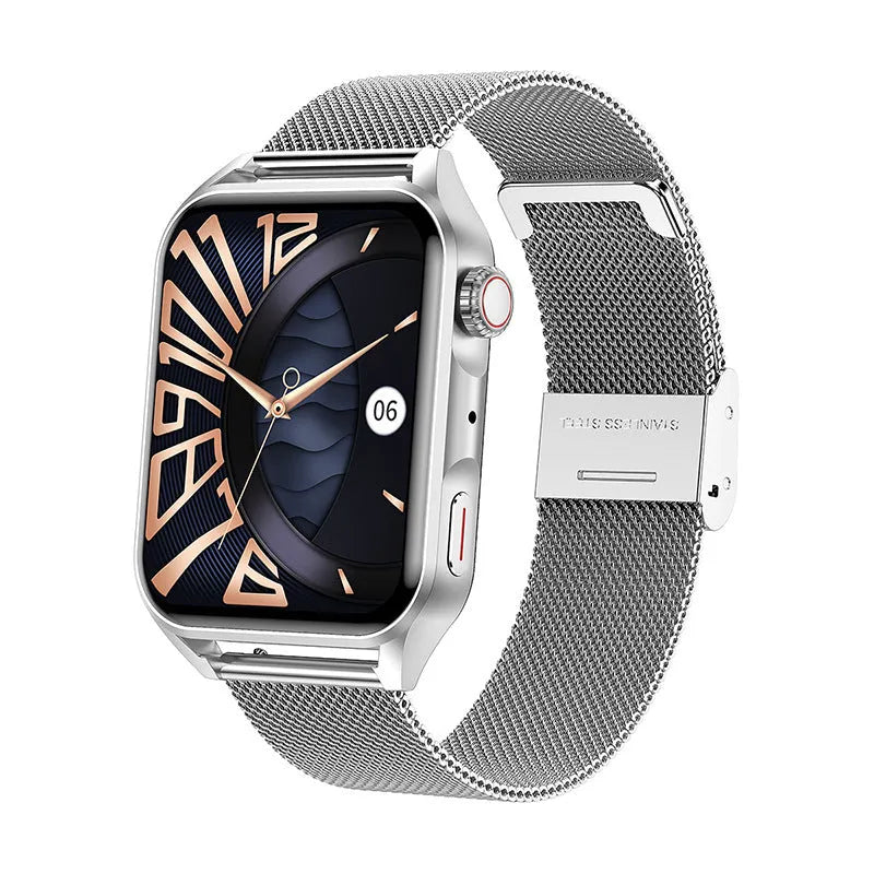 AMOLED NFC smart watch with 1.8-inch screen and pink silicone strap on wrist