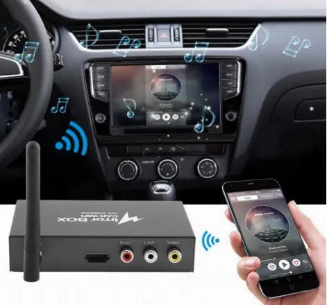 Black car mirror link box Wi-Fi converter with power cable, antenna, AV cable, and user manual for smartphone screen mirroring.