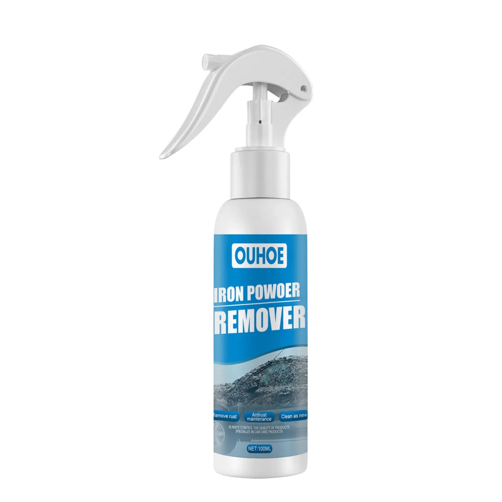 Car rust remover spray bottle with blue square sponge and microfibre towel for automotive corrosion treatment