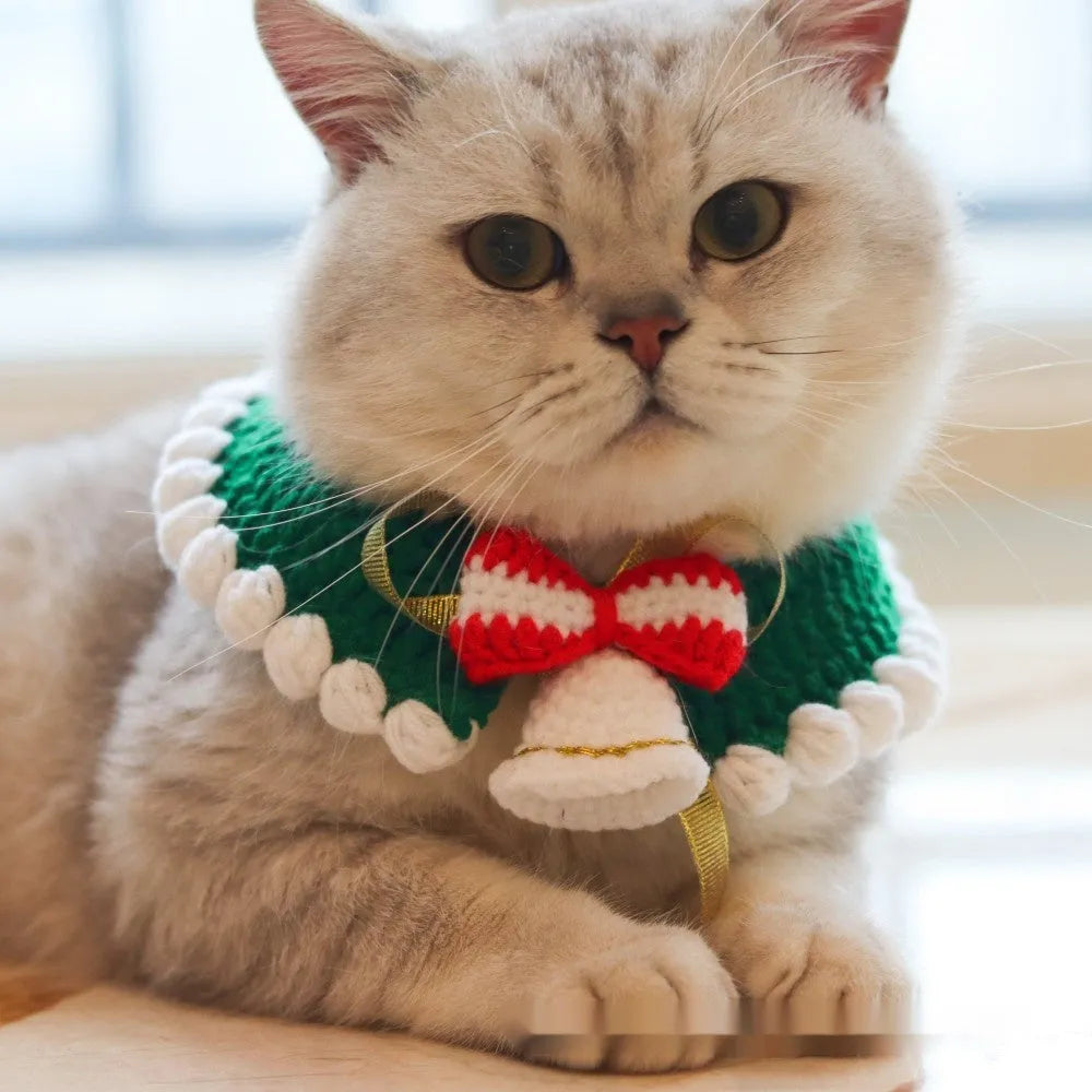 Christmas knitted wool pet scarf with festive patterns attached to dog collar