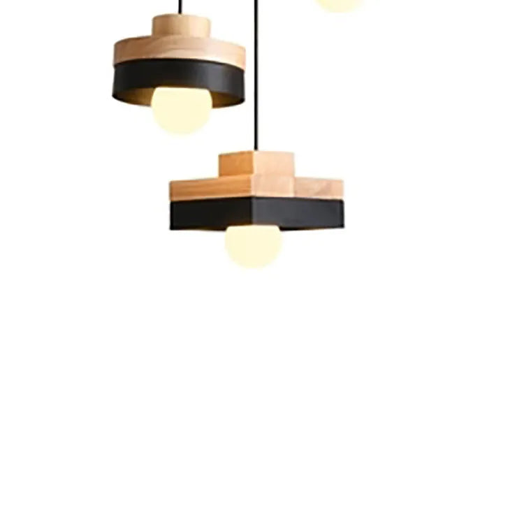Wooden fish line chandelier with adjustable drop and matte black or white round or square finish.