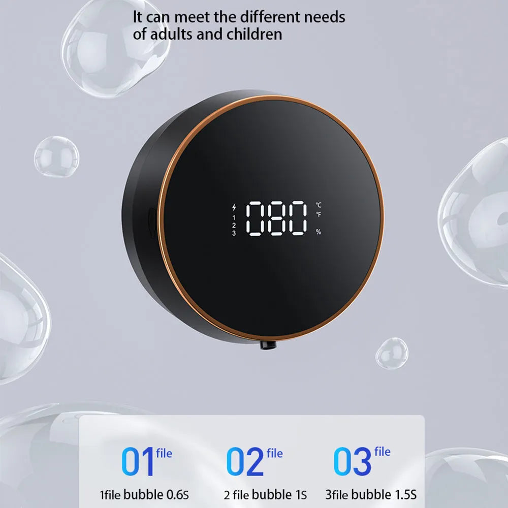 Black and white automatic wall-mounted foam soap dispenser with sensor and USB charging port.