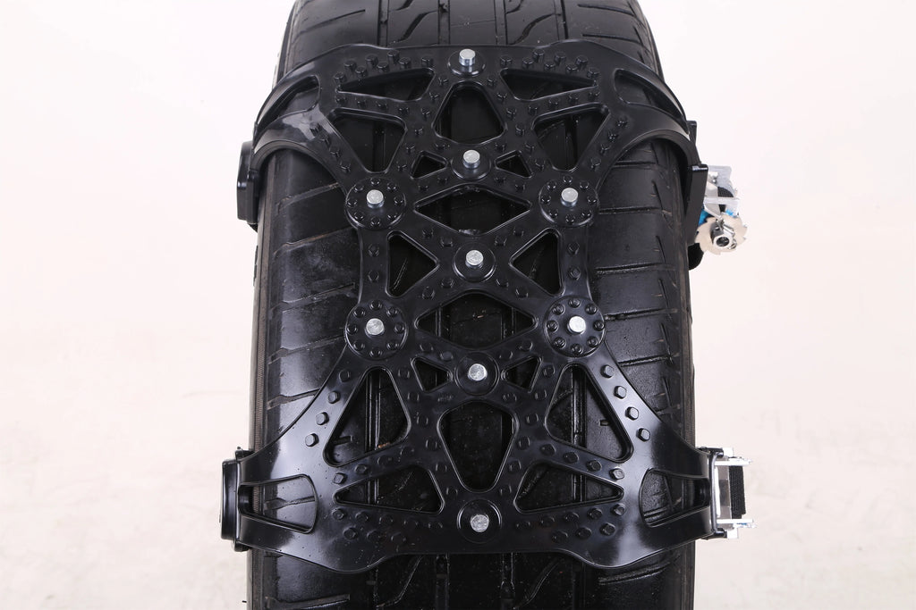 Yellow universal snow chain made from widened thickened TPU with steel nails for non-slip winter traction