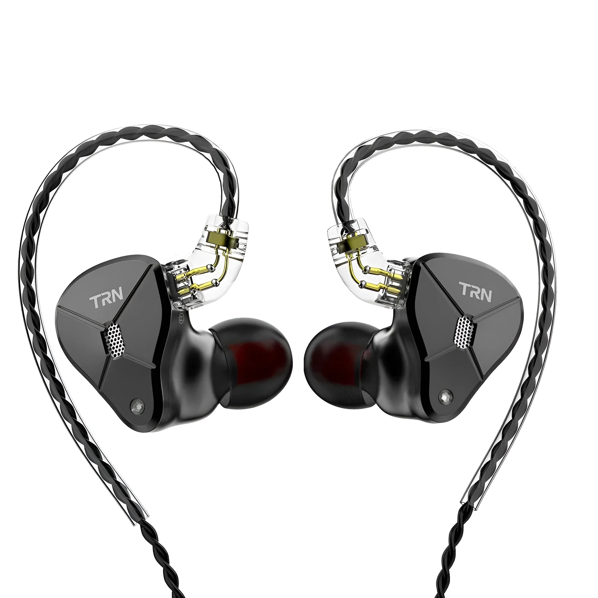 Black in-ear mobile headset with 3.5mm plug and TPE cable showing silicone ear sleeves