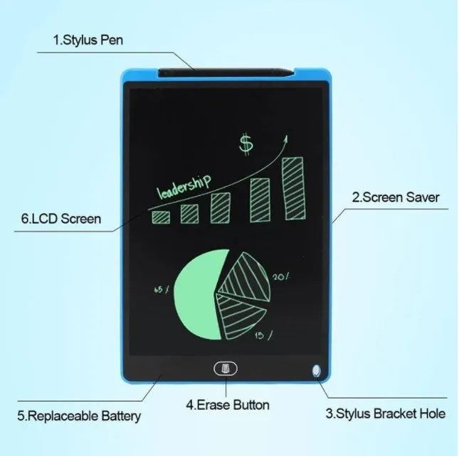 12 inch LCD writing tablet in black with ABS frame, 2032 dpi screen, and CR2020 battery