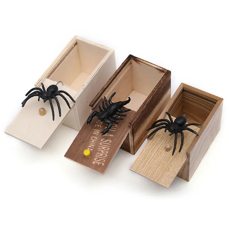 Wooden prank scare box measuring 9.1cm with a random jumping animal surprise inside