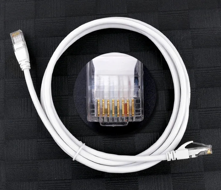 White Cat6 network cable with RJ-45 connectors, CCA conductor, shown in a range of lengths from 1M to 50M.