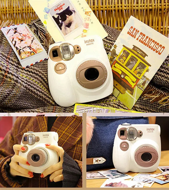 Instant imaging camera Mini 7s upgrade in milk coffee colour with portable manual telescopic lens and auto focus.