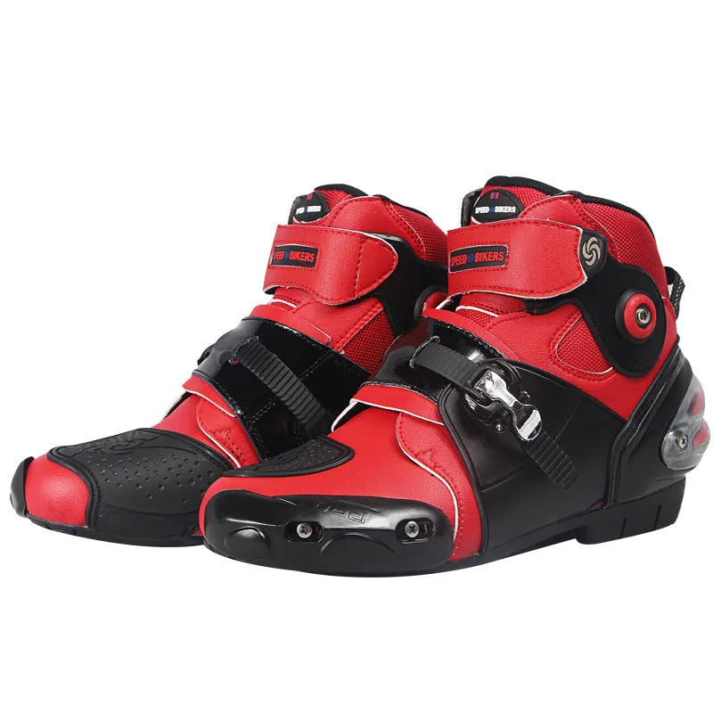 Road motorcycle riding shoes ankle boots in black with anti-twist design and adjustable fastening buckle