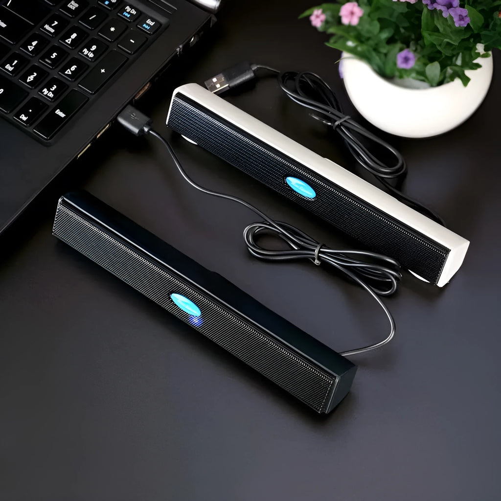 USB laptop desktop computer mini speaker with plastic enclosure, button controls, black colour, 20cm length