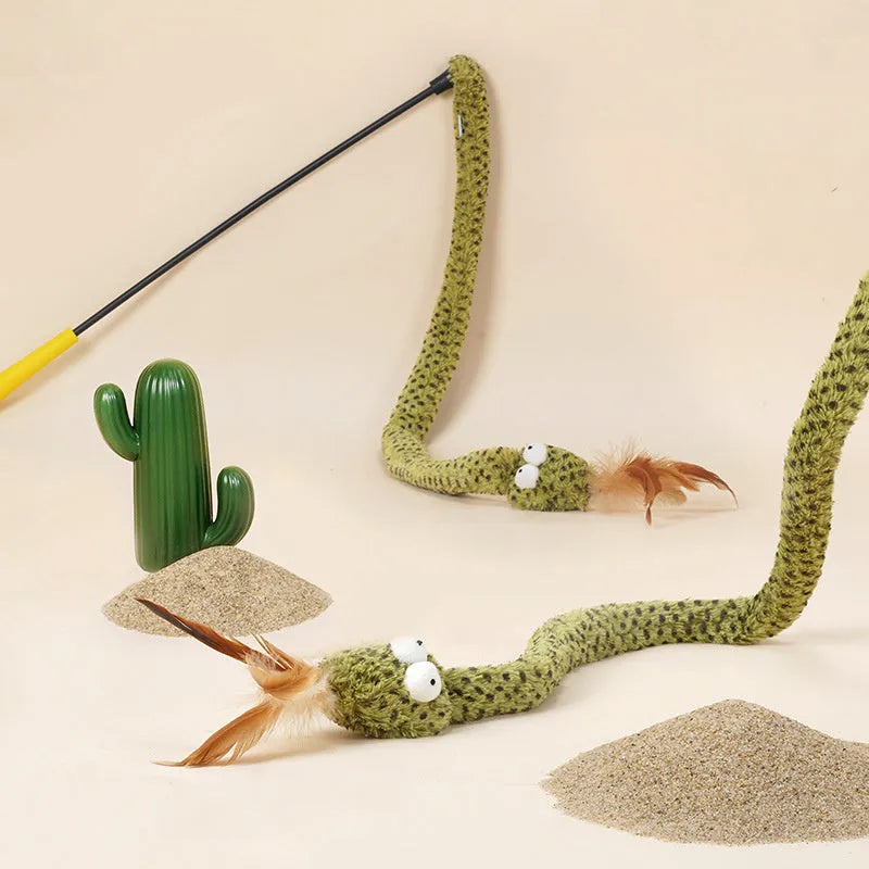 Green snake cat teasing stick with feather attachment on 140cm pole
