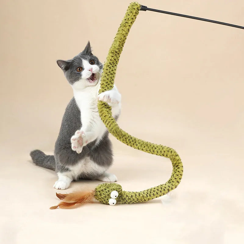 Green snake cat teasing stick with feather attachment on 140cm pole
