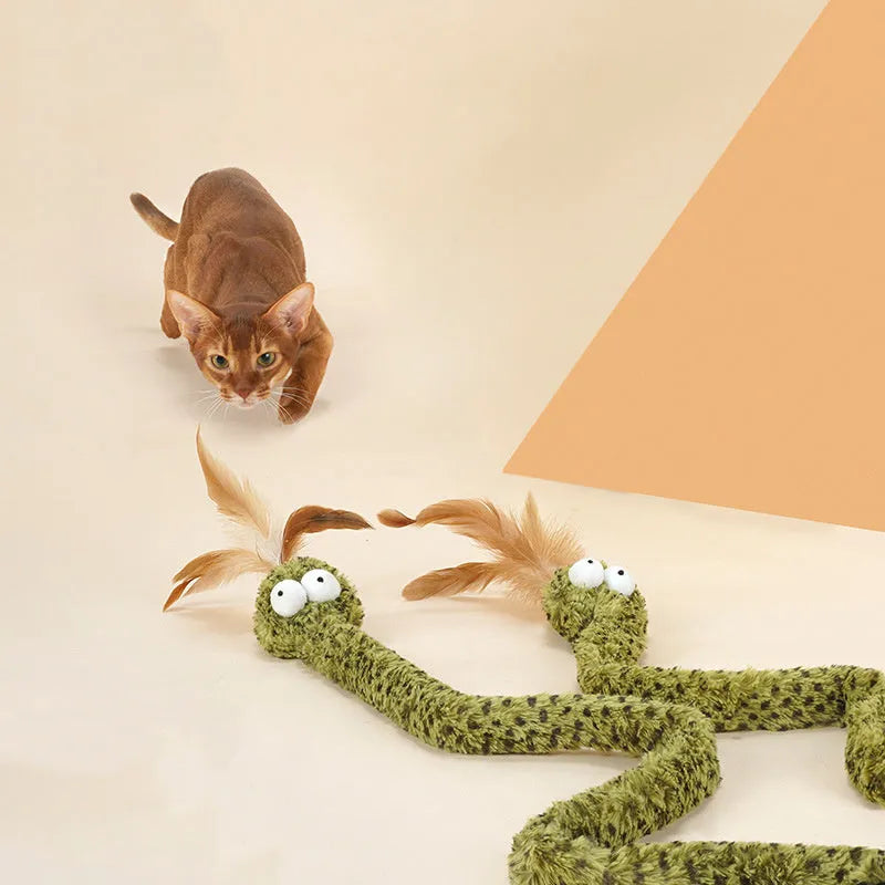 Green snake cat teasing stick with feather attachment on 140cm pole