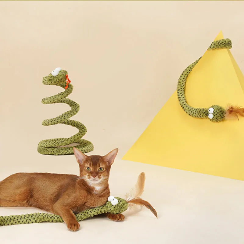 Green snake cat teasing stick with feather attachment on 140cm pole