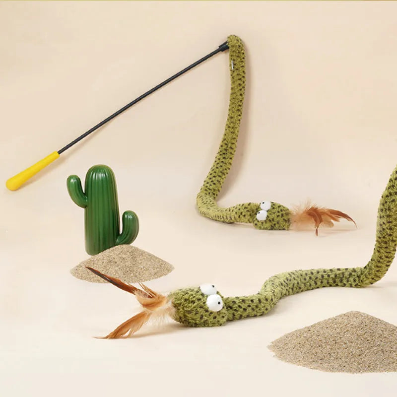 Green snake cat teasing stick with feather attachment on 140cm pole