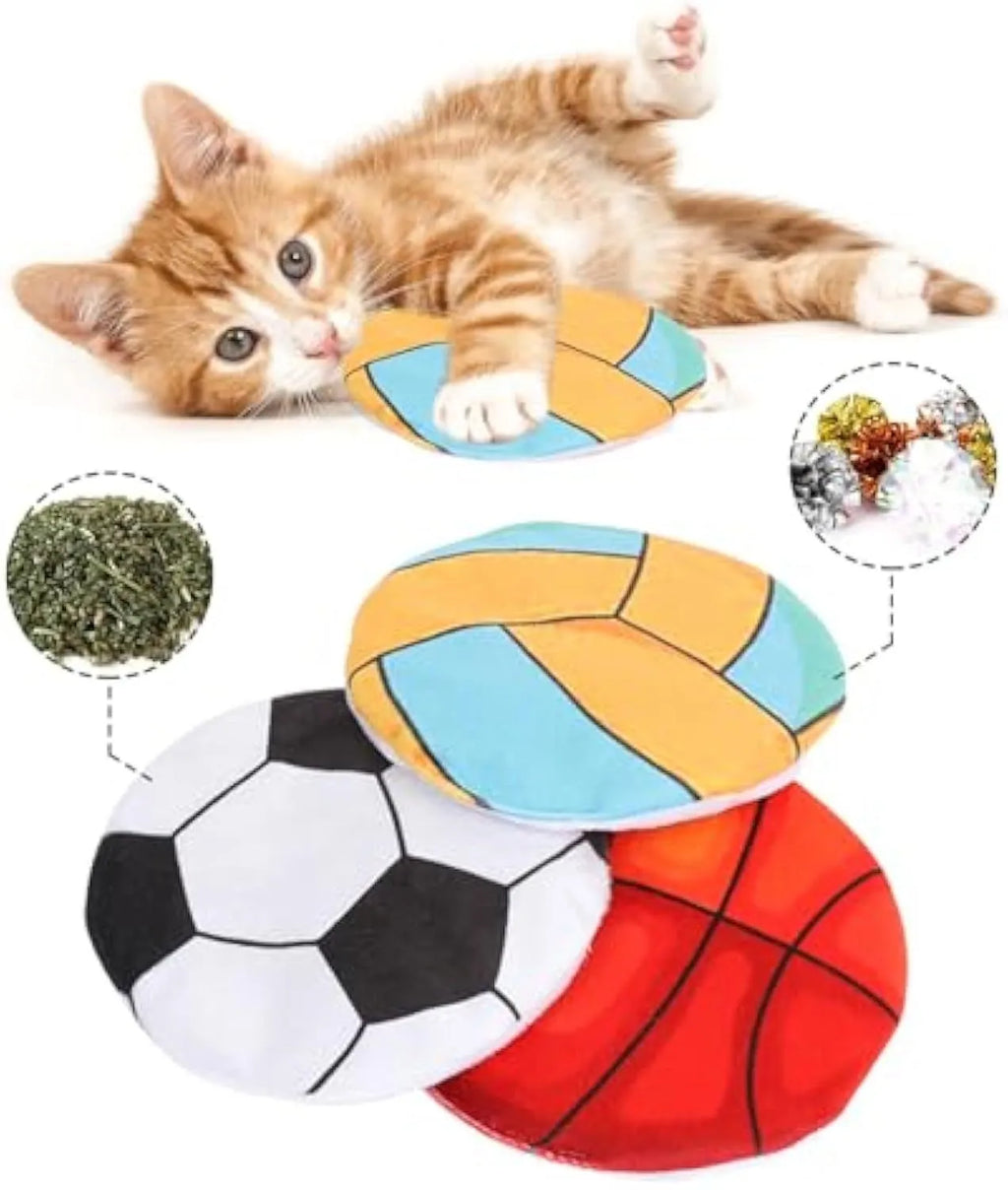 Interactive flying disc cat toy with plush exterior, catnip and crinkle sound for indoor cats