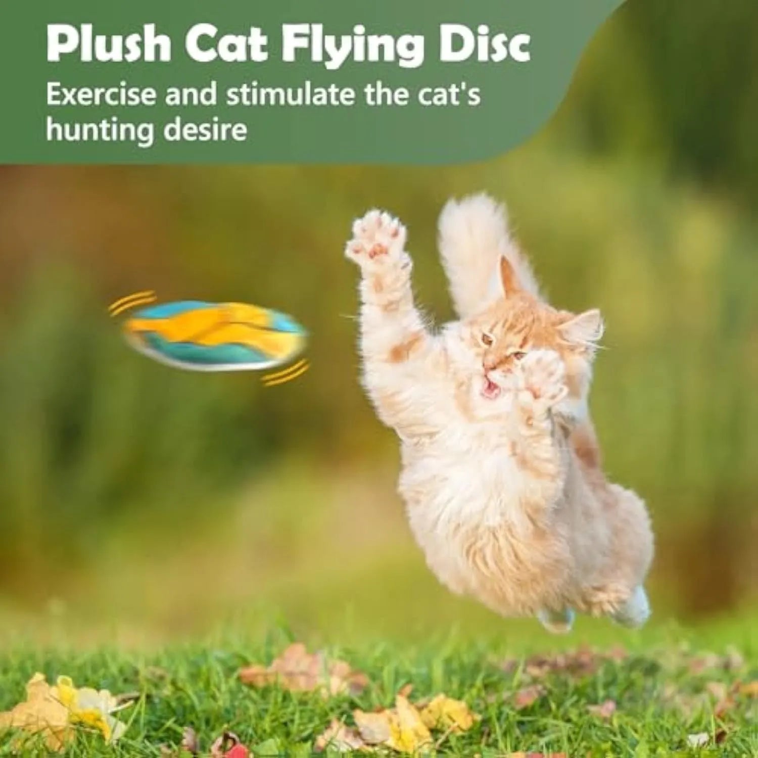 Interactive flying disc cat toy with plush exterior, catnip and crinkle sound for indoor cats