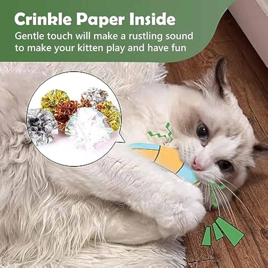 Interactive flying disc cat toy with plush exterior, catnip and crinkle sound for indoor cats