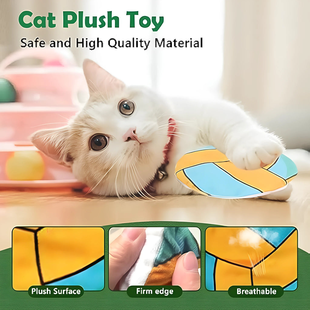 Interactive flying disc cat toy with plush exterior, catnip and crinkle sound for indoor cats
